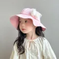 Pink cotton bucket hat with white lace bow for cute baby girls daily sun protection detail. - 48-54CM / Pink