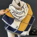 Sciarpa spessa in finto cashmere a quadri scialle invernale frange blocco di colore caldo - Giallo Plaid