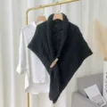 Black knitted shawl with leather buckle, thick warm winter wrap scarf for women fashion outerwear. - Black