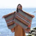 Colorful striped hooded poncho shawl for women, ethnic style outdoor travel cape for sun protection. - Striped Cape (Orange)