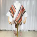 Women Winter Knit Poncho Colorblock Chevron Shawl with Faux Fur Collar and Tassel Cape Cloak - Orange Brown