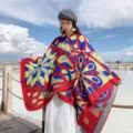 Ethnic style knitted cape shawl for women, warm winter outerwear for travel photography. - 130 Split Poncho Scarf with Large Flowers (Red, Yellow, Blue)
