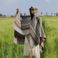 Women ethnic striped hooded cape shawl, outdoor travel cozy poncho cloak outerwear. - Striped Cape (Grey-Camel)