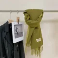 Green double-sided cashmere-feel tassel scarf detail view, elegant autumn and winter neckwear. - Matcha Green
