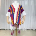 Colorful striped knitted poncho with faux fur collar and tassels for autumn winter wear. - Rose Yellow