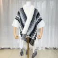 Winter women knitted poncho cape with faux fur collar elegant zigzag tassel shawl wrap warm. - Gray