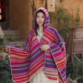 Ethnic style striped hooded cloak shawl for outdoor travel sun protection and comfort - Striped Cape (Wine Red)