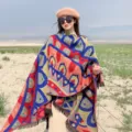 Ethnic style colorful printed tassel poncho shawl for women outdoor travel daily wear warm. - 130 Split Poncho Scarf with Heart Cluster (Red)