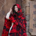 Retro floral ethnic faux cashmere hooded cape, warm winter thick shawl outer wear. - Floral Cloak (Black & Red)