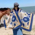Ethnic style knitted shawl cape for women, thick warm outerwear for travel and outdoor photos. - 130 Split Poncho Scarf with Pinecone Pattern (Blue-Yellow)