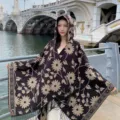 Retro floral hooded cape, ethnic style imitation cashmere warm shawl for women outdoor. - Patterned Cloak in Coffee