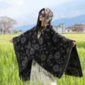 Vintage floral ethnic style imitation cashmere hooded cloak for women warm winter outdoor travel cape - Patterned Cloak in Black Grey