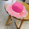 Cute pink baby sun hat with lace mesh brim, pearls, and bow for toddler girls daily wear detail. - 54cm / Rose Red