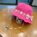 Cute Kids Pink Bucket Hat with Floral Embroidery and Adjustable Chin Strap for Outdoor Sun Protection - Rose Red Lace Bowknot