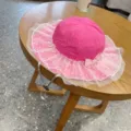 Pink kids bucket hat with polka dot mesh lace brim and cute bow, adjustable sun hat for girls. - 48-54CM / Rose Red
