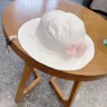 Cute baby girl bucket hat with pink mesh bow, white sun hat adjustable infant summer cap. - 48-54CM / Creamy White