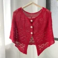 Red knit hollow cape for women, pearl button summer shawl and sunscreen shrug for dress. - Red