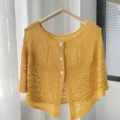 Yellow hollow knitted cape for women, stylish pearl button cardigan, summer sunscreen shawl. - Yellow