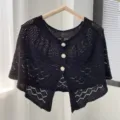 Black hollow knitted shawl cardigan for women, elegant pearl button summer sun protection outerwear. - Black