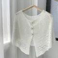 White hollow knitted shawl with pearl buttons, elegant short capelet for summer. - White
