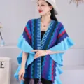 Cape poncho en tricot style ethnique pour femme avec volants et glands mode vêtement extérieur. - Tricot de style ethnique [bleu]