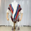 Colorful zigzag knit poncho with white faux fur collar and fringe tassels for women. - Blue Red