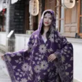 Retro floral ethnic imitation cashmere hooded cloak, warm winter outer cape for women variant. - Floral Cloak (Purple)