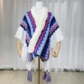 Colorful zig-zag knit poncho with fluffy faux fur collar and chic tassel hem for women. - Blue Rose