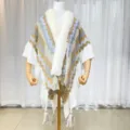 Women Winter Knitted Poncho Faux Fur Collar Geometric Striped Tassel Shawl Cape Outerwear - Khaki