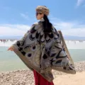 Ethnic style hooded cloak warm shawl for women travel winter outer wear thick vintage cape. - 130 Split Poncho Scarf with Heart Cluster (Camel)