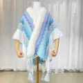 Women winter thick knitted chevron cape shawl with faux fur collar and tassels fashion cozy wrap - Blue