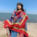 Thickened ethnic style women cape shawl warm outerwear for travel photography outdoor wear - 130 Slit Scarf (Pine Cone Red)
