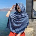 Blue ethnic print cotton linen tassel shawl, perfect for seaside beach vacation and sun protection. - Blue Paisley Totem