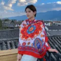Ethnic style cotton and linen fringe large shawl, perfect for beach vacation and sun protection. - Orange Flower