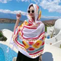 Ethnic style cotton linen tassel shawl, vibrant geometric print beach towel for resort vacation. - Triangular Rhombus