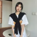 Stylish women knitted shawl scarf black cross tied cape with white t-shirt casual top - Cross Shawl / Black