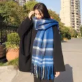 Soft mohair blue plaid fringe winter scarf, thick warm classic tartan scarf for women. - Sapphire Blue