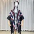 Retro ethnic style knitted fringe cardigan poncho cloak for women, versatile outdoor wear. - Striped Cape / Black