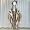 Vintage ethnic style knitted hooded fringe poncho cloak, comfortable outerwear for women. - Striped Cape / Khaki