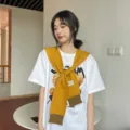 Knit shoulder shawl scarf yellow contrast trim stylish casual outer cape for women spring - Turmeric
