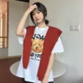 Women knit shawl overlay white t-shirt set casual cute bear print top layered outfit - Cross Shawl / Wine Red