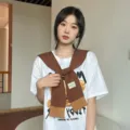 Fashionable knitted small shawl scarf paired with casual short sleeve t-shirt top stylish apparel - Coffee
