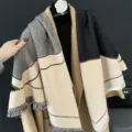 Cozy color-blocked imitation cashmere winter shawl scarf with chic fringe details. - Black and Beige