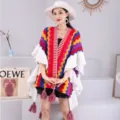 Cape poncho en tricot multicolore à chevron avec volants et glands pour femmes à la mode. - Style ethnique en tricot [Rouge et jaune]