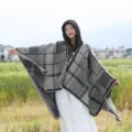 Women's Autumn Winter Hooded Plaid Poncho Thickened Warm Casual Cloak Outerwear - Gray