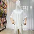 White knitted hooded poncho cape for women, warm stylish tassel button sweater outerwear shawl. - White