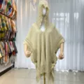 Beige knitted hooded poncho shawl for women, stylish fringe tassel winter warm outerwear. - Khaki