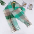 Women's Nordic autumn winter cozy warm colorblock plaid tassel scarf cozy fashion accessory - Green - Plain