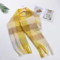 Cozy yellow plaid winter scarf with fringe soft warm check shawl for women daily wear. - Bright Yellow (Plain)