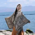 Women's Autumn Winter Hooded Plaid Poncho Ethnic Style Cashmere Feel Cloak Cape - Gray Camel